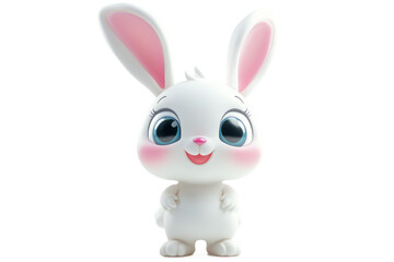 Obraz premium Cute 3D chibi bunny figurine with pink cheeks large eyes and long ears Ideal for cartoon toy design and 3D illustration projects Isolated on transparent background.