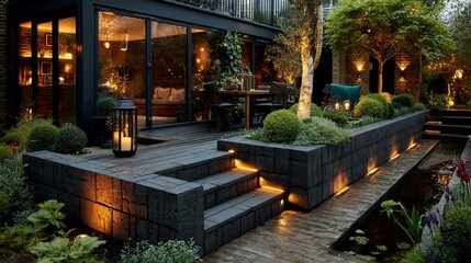 Obraz premium Modern garden design with lighting, steps, and planters