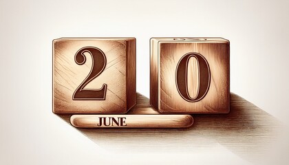 Illustration of wooden blocks with date 20 June. Day and month, simple calendar
