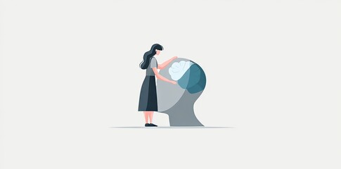 Obraz premium Wellness is the focus, as a woman peers into her own mind, with a spotlight shining on her brain, symbolizing a search for profound understanding and inner wisdom, in a contemporary art piece that