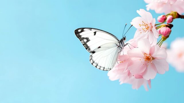 Elegant white butterfly delicately perched on pink cherry blossom flowers against a serene blue sky