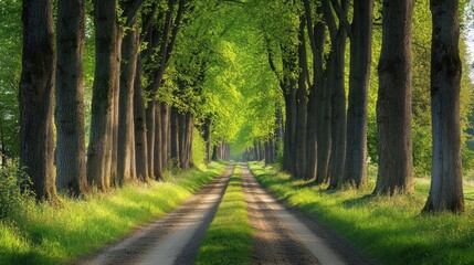 Fototapeta premium Sun Dappled Path Through a Verdant Tree Tunnel on a Beautiful Spring Day