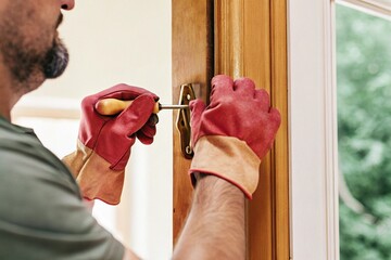 Handyman Repairing Door Lock Close-up of a Skilled Worker Fixing a Door