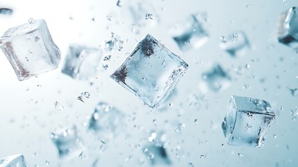 Flying ice cubes frozen moment beverage concept clarity freshness chill purity water motion picture
