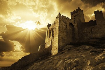 Fototapeta premium Ruined castle bathed in golden sunlight at dusk under dramatic clouds