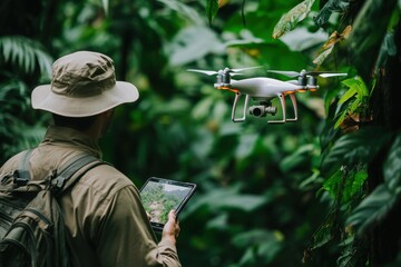 Exploring the rainforest with a drone and tablet for wildlife observation