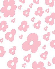 Soft pink flowers scatter playfully across a white surface, forming a whimsical pattern. This cheerful design is suitable for textiles, wallpapers, and stationery, adding a touch of joy.
