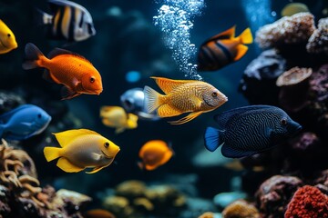 Fototapeta premium A diverse couple goes scuba diving and discovers a vibrant coral reef teeming with colorful fish