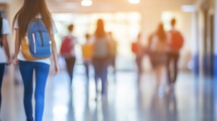A group of students with backpacks walks down a school hallway, their figures slightly blurred, captured in the morning light, signifying the start of a new day of learning.