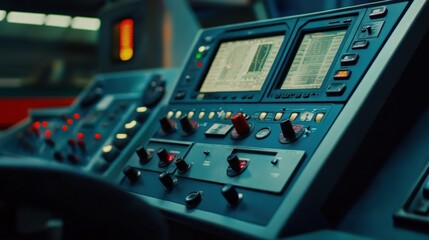 Naklejka premium Control console with knobs, buttons, and screen used for MRI scan operations