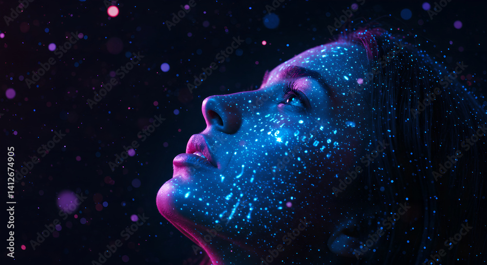 Poster woman's face illuminated with digital data projection. future technology concept with binary code li