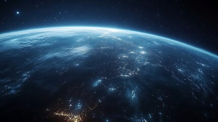 Fototapeta premium Earth at Night with Illuminated Cities and Networks, Aerial view of Earth at night showing illuminated cities and network connections