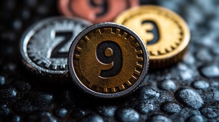 Gold Number 9 Token with Closeup, Game, and Vintage.