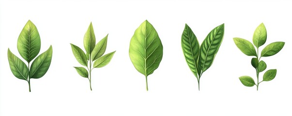 Fototapeta premium Tropical leaves in green, orange, and black hues are showcased in a pixel art collection on a white backdrop