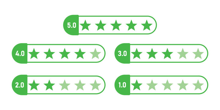 Green product review 5 to 1 stars business element icons. feedback, and ratings. set of five green stars for customer reviews, use for apps and websites.
