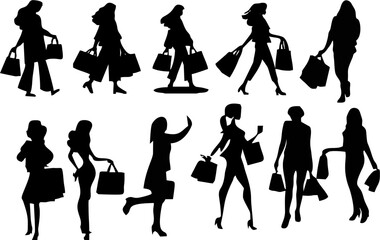 Fototapeta premium Shopping Girl icon set,flat vector illustration.happy shopping girl style icon
