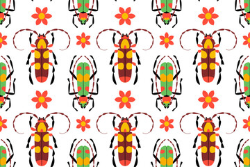 Seamless vector pattern with colorful stylized beetles and flowers on white background. Flat style. Ideal for youthful and children’s themes, textiles, nursery decor, wrapping paper, stationery.