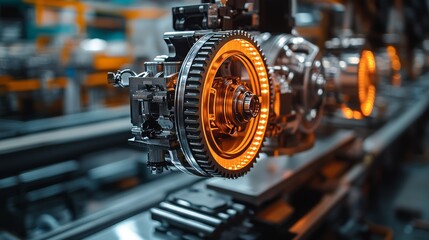 Fototapeta premium A detailed representation of an automotive factory is given, showcasing the assembly of engine components, the use of robotic arms, and the implementation of soft, realistic lighting