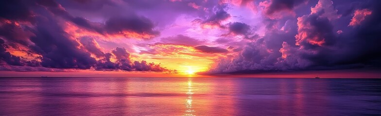 Dramatic sunset with vibrant colors reflecting on the calm ocean surface
