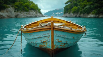 Obraz premium Tranquil boat calm water green hills