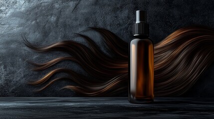Naklejka premium Amber Hair Serum Bottle Against Dark Background with Flowing Brown Hair