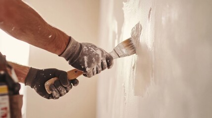 Construction worker applying paint to walls at a building site. Featuring attention to detail and finish