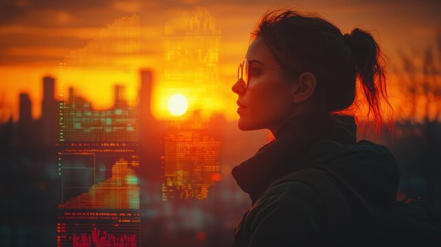 Sunset contemplation, digital overlay.  Urban scene with a young woman
