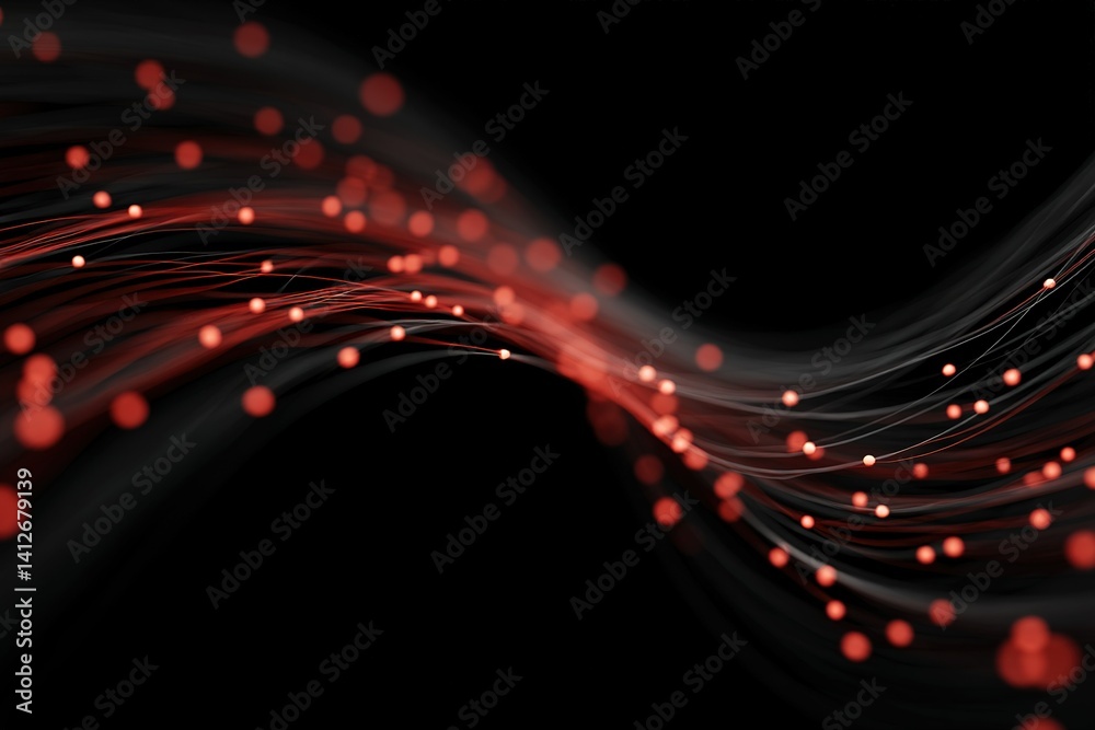 Poster digital wave of red particles flowing gracefully through dark space with dynamic movement and visual