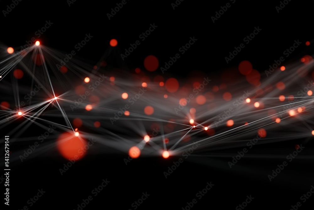 Poster dynamic network of glowing red particles on a black background illustrating abstract technology and 