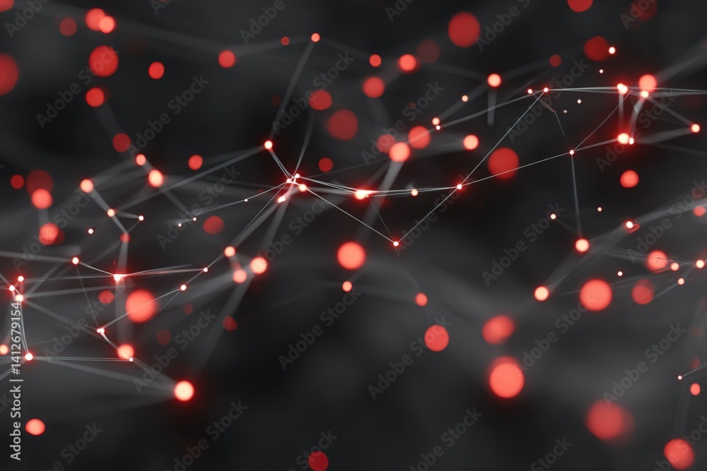 Poster abstract representation of interconnected nodes and glowing particles in a dark setting
