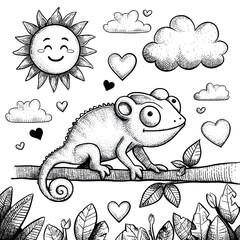 Chameleon on Branch Surrounded by Hearts, Clouds and Sun in Sketch Style