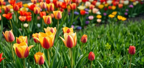 Vibrant tulips and spring blooms in a lush green grass flowerbed , petals, springtime