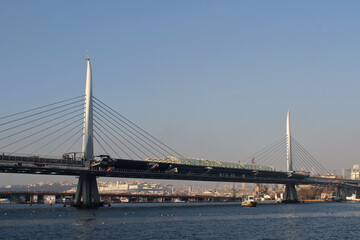 A bridge over the Bosphorus Strait near the Sea of Marmara in Istanbul, Turkey. 