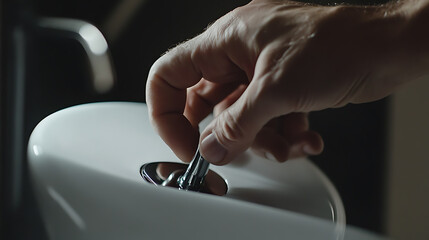 Plumber fixing a toilet tank mechanism. Featuring plumbing repairs and maintenance