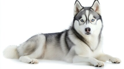 Fototapeta premium Grey Husky Lying Down Against White Background. Potential Stock Photo