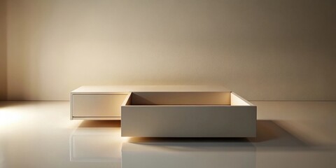 Modern Minimalist L-Shaped Coffee Table with Hidden Storage in a Light Beige Room
