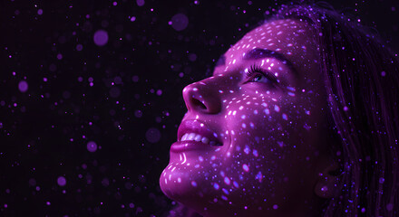 Woman's face lit with shining purple particles looking up into the night, showcasing bright skin and sparkling bokeh, promoting skincare science and technological innovation.