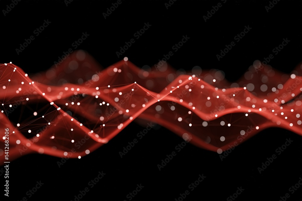 Poster dynamic red and white abstract wave patterns representing sound and energy flow in a digital landsca