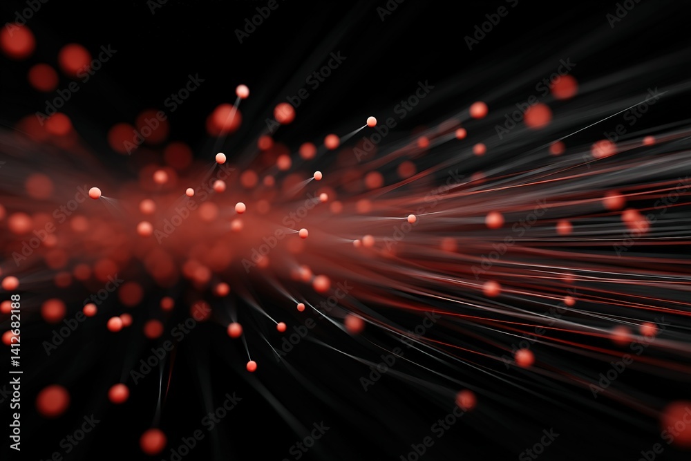 Poster dynamic abstract visualization of red particles and strands against a dark background