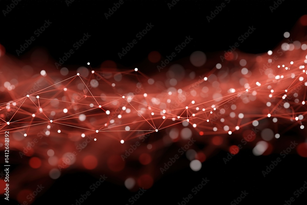 Poster visual representation of dynamic data flow using abstract red and white particles against a dark bac