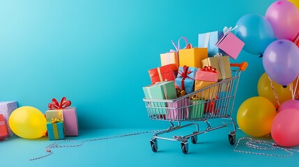 Colorful Shopping Bags and Cart on Minimalist Blue Background for Online Retail and E-commerce