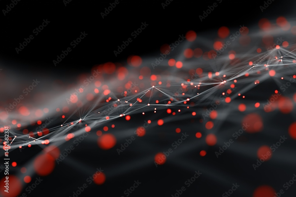 Poster abstract representation of a network with red dots and lines on a dark background showcasing connect