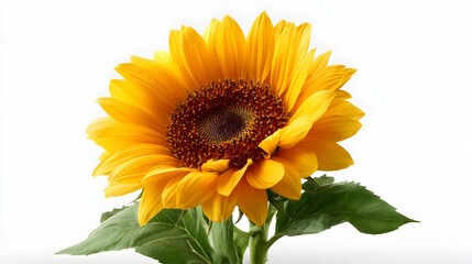 Bright sunflower with vibrant yellow petals and green leaves.
