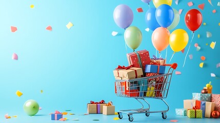 Colorful Shopping Bags and Cart on Minimalist Blue Background for Online Retail and E-commerce