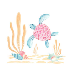 Sea turtle with ocean floor. Hand-painted watercolor turtle swimming above seaweed and shells. Soft pastel marine scene perfect for greeting cards, nursery decor, coastal-themed designs