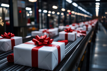 modern conveyor belt with many white christmas gifts