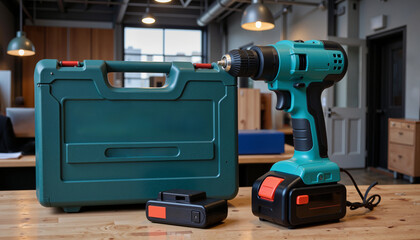 Powerful cordless electric screwdriver and accessories on a workbench in a modern workspace, repair and construction  