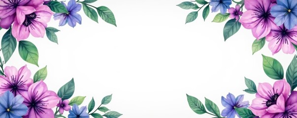 Vibrant watercolor purple floral arrangement with lush green leaves on a stationery layout, spring, watercolor