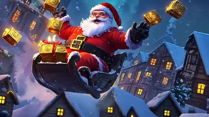 Santa Claus joyfully flying over a snowy village at night, surrounded by falling gifts and lights - Powered by Adobe