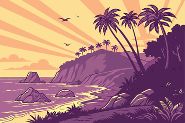 Obraz premium 13 Tropical beach sunset, vibrant colors, palm trees, rocky outcrops, tranquil ocean, golden sun rays, purple sky, orange horizon, reflective water, calm waves, scenic coastline, lush vegetation, pano
